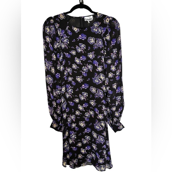 GANNI Georgette Floral Print Balloon Sleeve Mini Shift Dress Size 36/4 - Picture 3 of 10